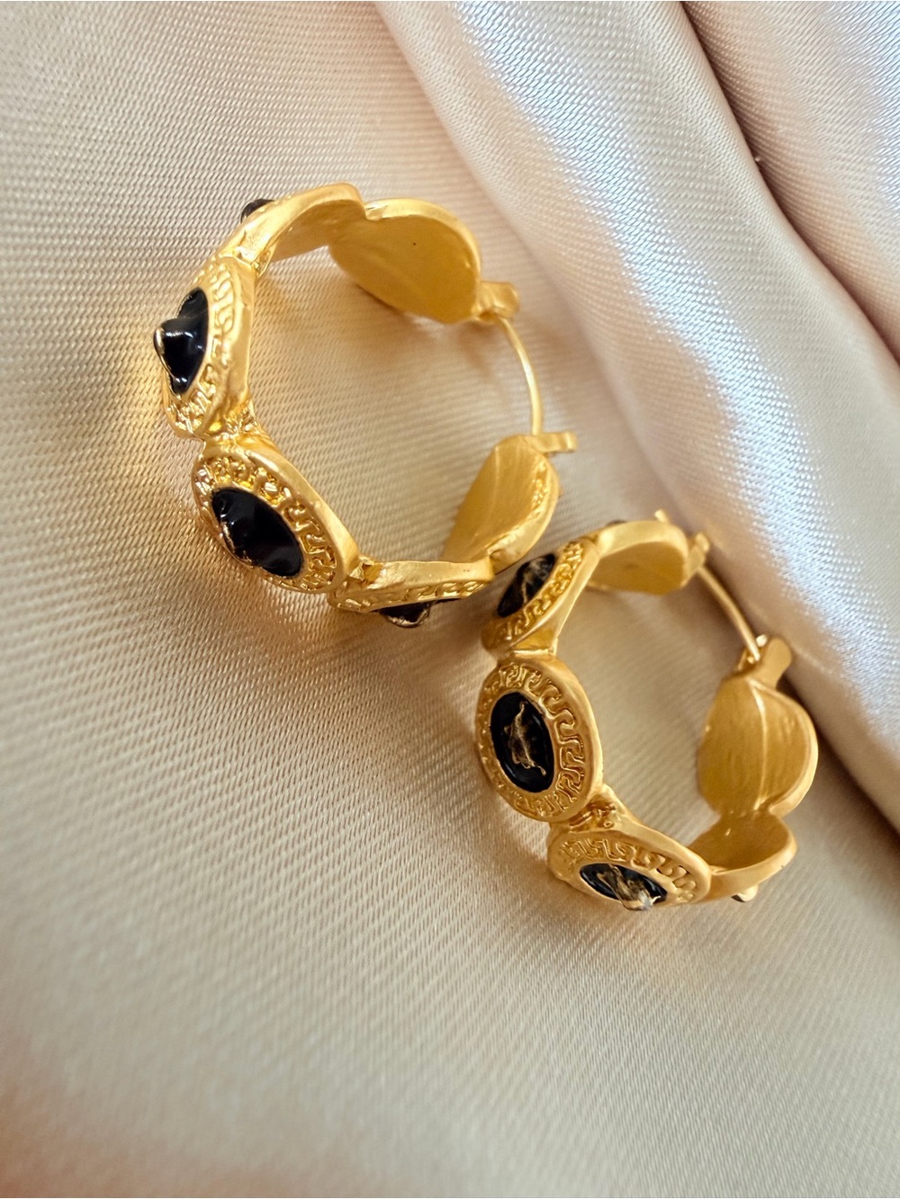 Fashion Jewelry Gold Hoop Earrings with Black Medallion Accents